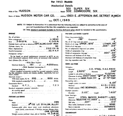 1950 Hudson AMA Specification Sheets for Super 6-Cammadore 6