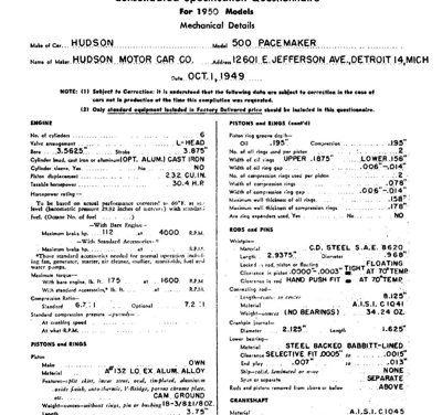 1950 Hudson AMA Specification Sheets for Pacemaker