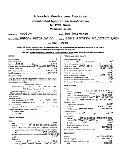 1950 Hudson AMA Specification Sheets for Pacemaker