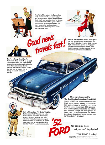 1952 Ford Print Ad "Good News Travels Fast!"