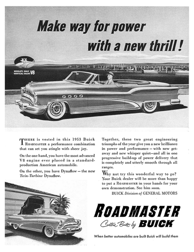1953 Buick Roadmaster Convertible Ad "Make way for power with a new thrill"
