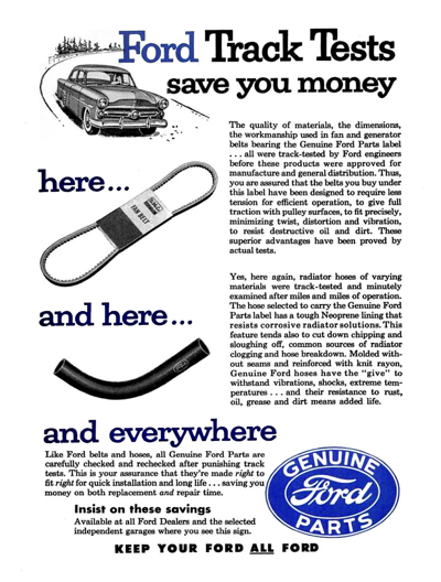 1953 Ford Parts and Service Print Ad "Ford track tests save you money"