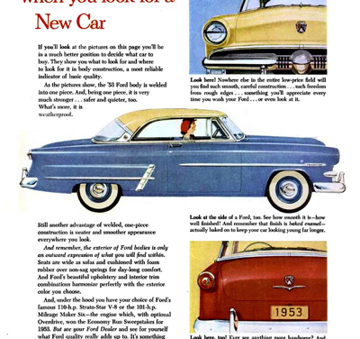 1953 Ford Print Ad “Take these facts with you when you look for a new car”.