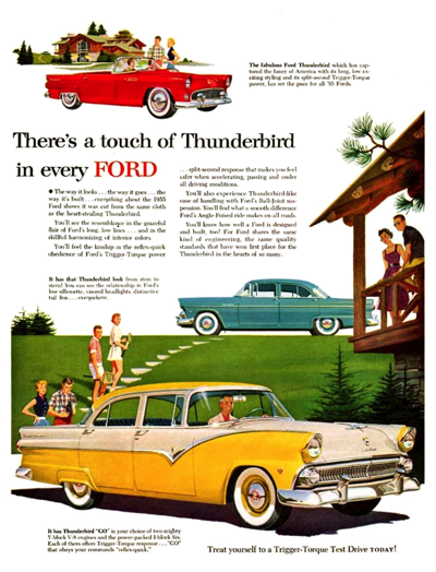1955 Ford 4-door Sedan Print Ad "There's a touch of Thunderbird in Every Ford"