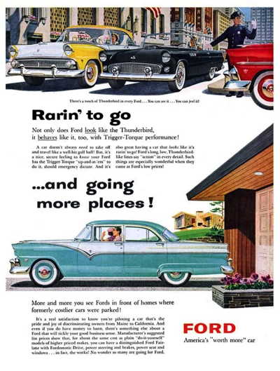 1955 Ford Print Ad "Rarin' to go . . . and going places!"