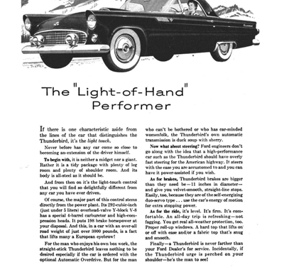 1955 Ford Thunderbird Print Ad “The Light of Hand Performer”