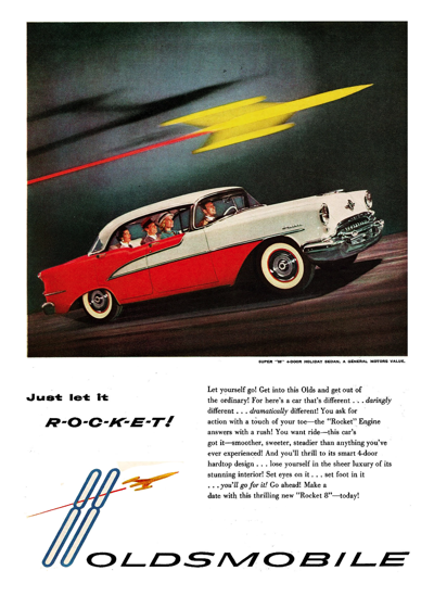 1955 Oldsmobile Super 88 Ad "Just let it ROCKET"