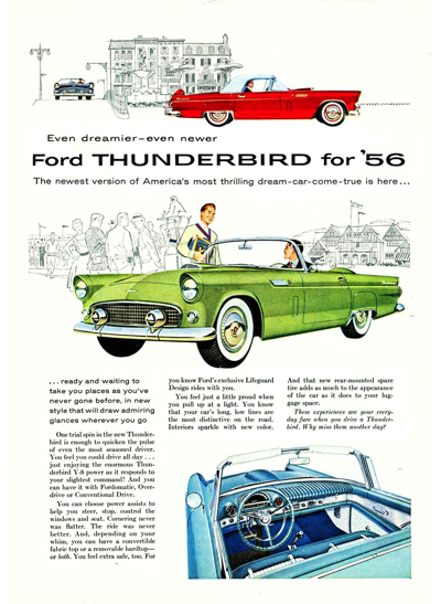 1956 Ford Thunderbird Print Ad “Even dreamier – even newer Ford Thunderbird for ’56”