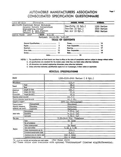 1957 Chevrolet AMA Specification Sheets Full Line Revision