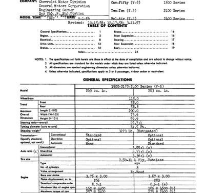 1957 Chevrolet AMA Specification Sheets Full Line Revision