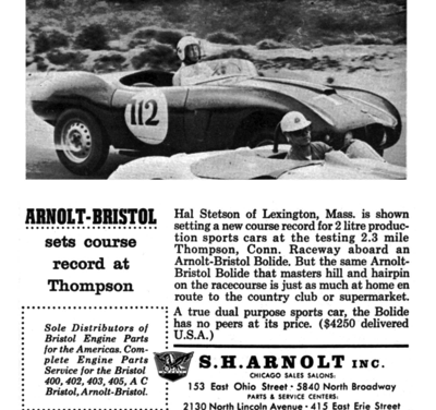 1958 Arnolt-Bristol Ad “Arnolt-Bristol sets course record at Thompson”