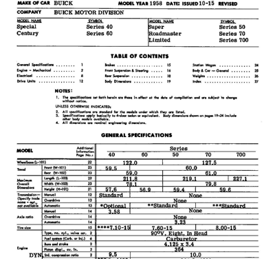 1958 Buick AMA Specification Sheets Series 40 Series 50 Series 60 Series 70 Series 700