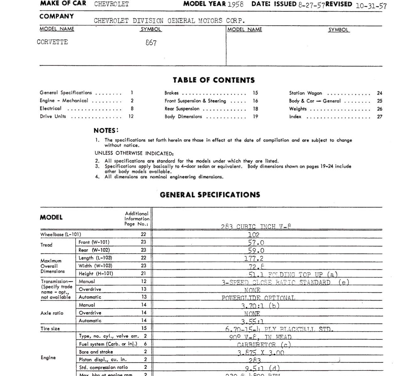 1958 Chevrolet AMA Specification Sheets Corvette Revision