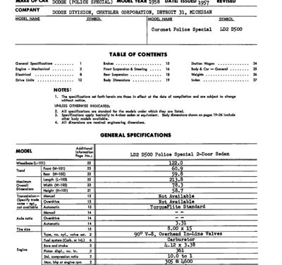 1958 Dodge AMA Specification Sheets for Police Special