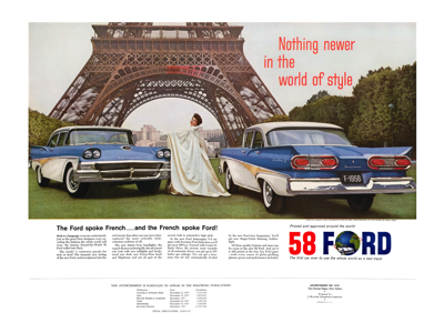 1958 Ford Print Ad Copy “Ford spoke French . . .” NOTE: This Print Ad appeared in the Saturday Evening Post, Life, Better Homes & Gardens, Time, Newsweek & RePrint Ader’s Digest.