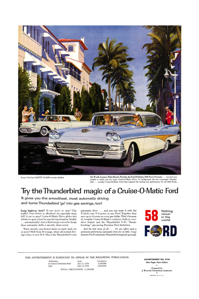 1958 Ford Print Ad Copy "Try the Thunderbird Magic" NOTE: This Print Ad appeared in Life Magazine & the Saturday Evening Post in July of 1958.