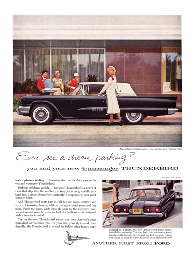 1958 Ford Thunderbird Print Ad "Ever see a dream parking?"