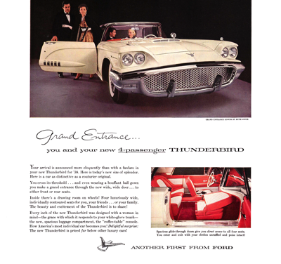 1958 Ford Thunderbird Print Ad Copy “Grand Entrance” NOTE: This as appeared in Harper’s Bazar, Town & Country, & House Beautiful in April 1958.