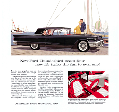 1958 Ford Thunderbird Print Ad Copy “New Thunderbird seats four . . .” NOTE: This Print Ad appeared in Holiday, Time, Newsweek, Sports Illustrated, US News, & New Yorker in April-May 1958.