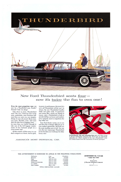 1958 Ford Thunderbird Print Ad Copy "New Thunderbird seats four . . ." NOTE: This Print Ad appeared in Holiday, Time, Newsweek, Sports Illustrated, US News, & New Yorker in April-May 1958.