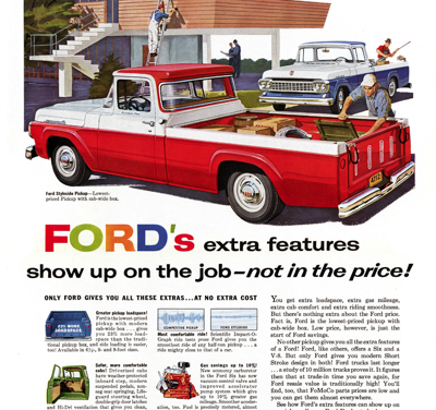 1958 Ford F-100 Print Ad “Ford’s extra features show up on the job – not in the price!”