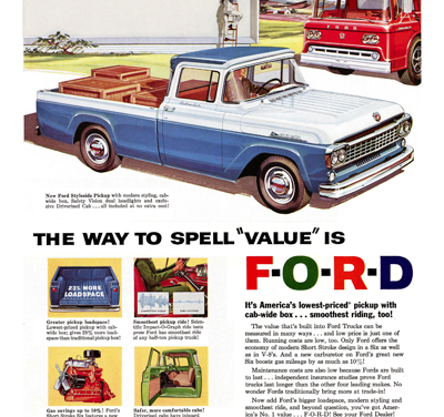 1958 Ford F-100 Print Ad “The way to spell value is FORD”