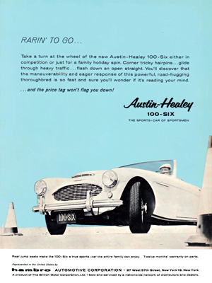 1958 Austin Healey 100-6 Ad "Rarin' to go!"