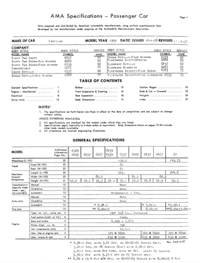 1959 Cadillac AMA Specification Sheets Full Line