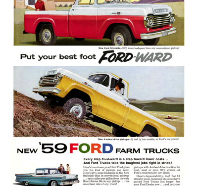 1959 Ford Truck Print Ad “New ’59 Ford Farm Trucks”  NOTE: Ford 4-wheel drive pickup shown.