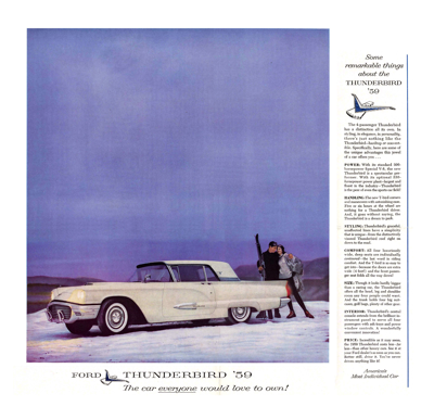 1959 Ford Thunderbird Print Ad "Some remarkable things about Thunderbird" NOTE: These were page and one-half sprePrint Ads formatted for the larger magazines in print.