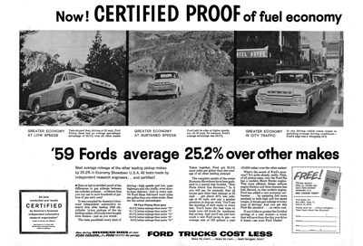1959 Ford Trucks Print Ad "Now! Certified proof of fuel economy"