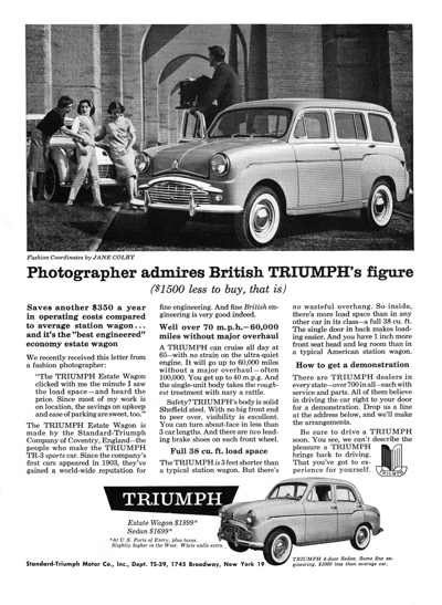 1959 Triumph Estate Wagon Ad "Photographer admires British Triumph's figure "