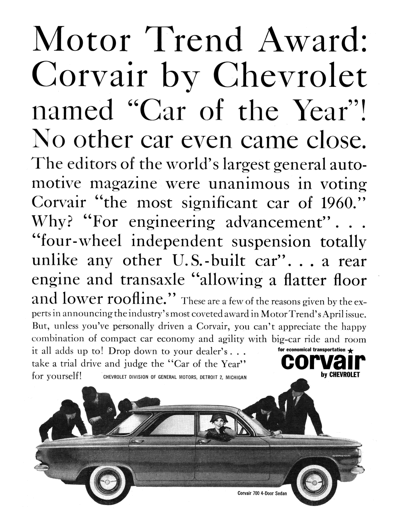 1960 Chevrolet Corvair 700 4-door Sedan Ad Car of the Year
