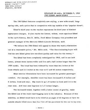 1960 Ford Edsel Mainline Story Customer Letter