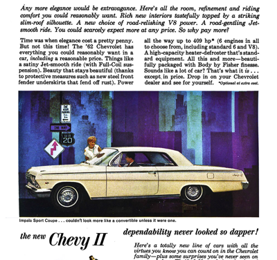 1962 Chevrolet Ad, Introduction  Impala and Chevy II “Jet smooth ’62 Chevrolet… Refreshing beauty with a restful ride!”
