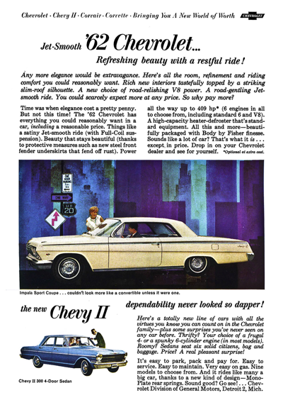 1962 Chevrolet Ad, Introduction  Impala and Chevy II "Jet smooth '62 Chevrolet... Refreshing beauty with a restful ride!"