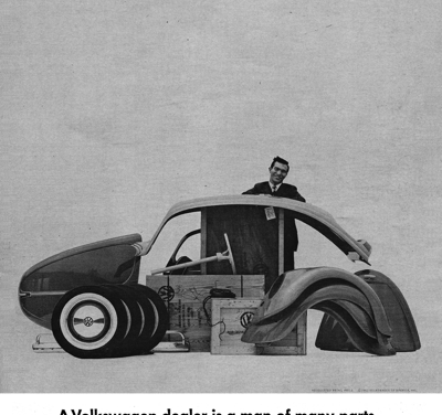 1962 Volkswagen Ad “A Volkswagen dealer is a man of many parts.”