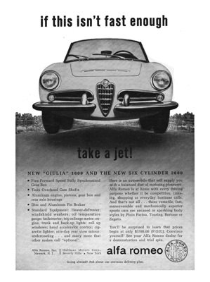 1963 Alfa Romeo Ad "If this isn't fast enough - take a jet!"