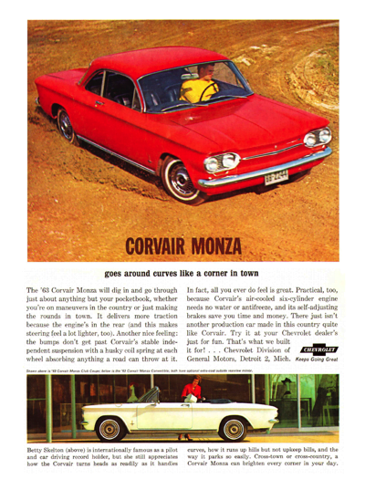 1963 Chevrolet Corvair Monza Ad “Goes around turns like a corner in town”