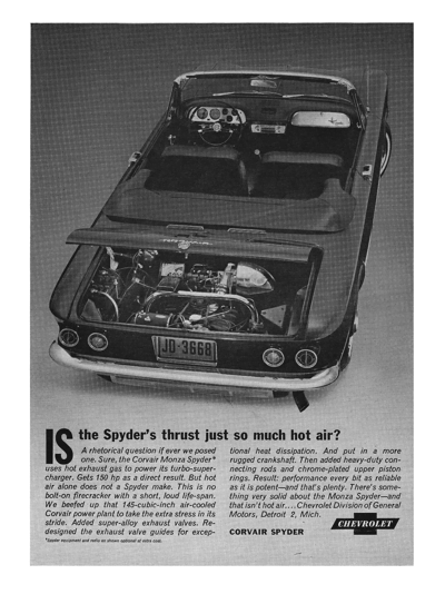 1963 Chevrolet Corvair Spyder Ad “Is the Spyder’s thrust just so much hot air?”
