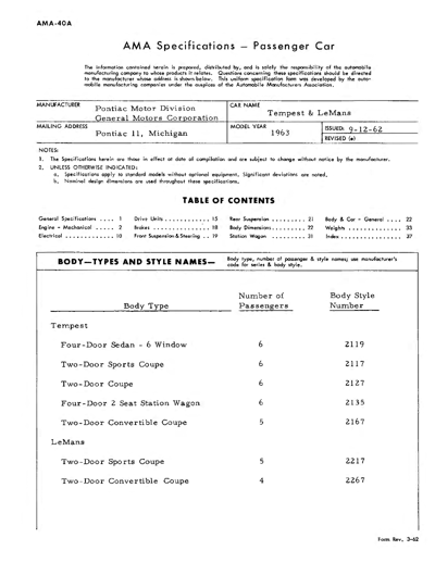 1963 Pontiac Tempest AMA Specifications