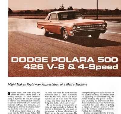 CL March 1964 – DODGE POLARA 500. 426 V-8 & 4-Speed