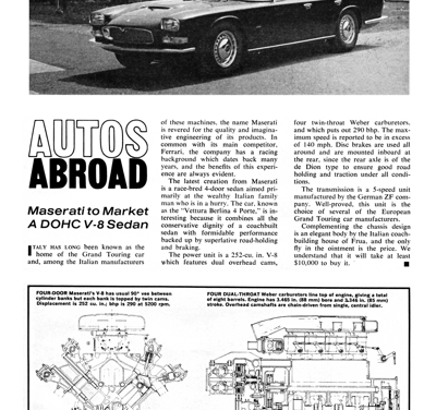 CL April 1964 – AUTOS ABROAD Maserati to Market A DOHC V-8 Sedan