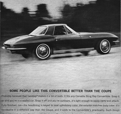 1964 Chevrolet Ad, Corvette Sting Ray Coupe “Some people like tis convertible better than the coupe.”