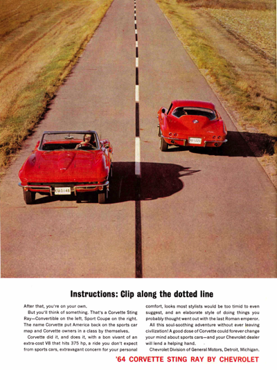 1964 Chevrolet Ad, Corvette Sting Ray Coupe and Roadster “Instructions; clip along the dotted line”