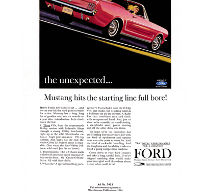 1964 1/2 Ford Ad Agency Copy Portrait -Red Mustang “Mustang hits the starting line full bore!”