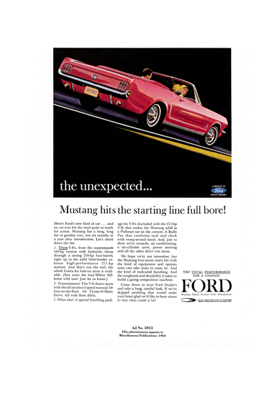 1964 1/2 Ford Ad Agency Copy Portrait -Red Mustang "Mustang hits the starting line full bore!"