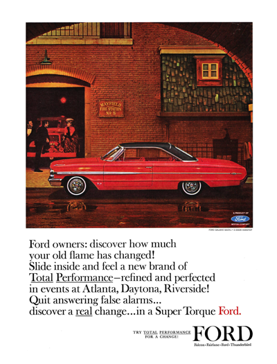 1964 Ford Ad Galaxie 500XL "Slide inside and feel a new brand of Total Performance"