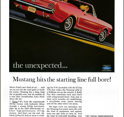 1964 1/2 Ford Ad Portrait Mustang “Mustang hits the starting line full bore!”