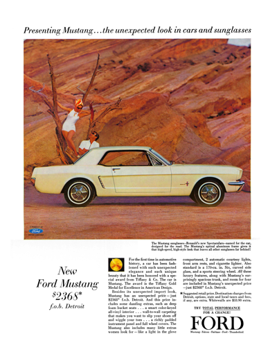 1964 1/2 Ford Ad Mustang "Presenting Mustang - the unexpected look in cars and sunglasses"